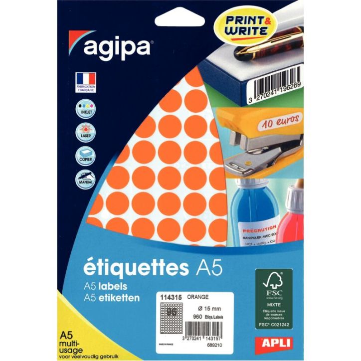 Etui de 960 pastilles adhésives diamètre 15 mm orange 114315 AGIPA