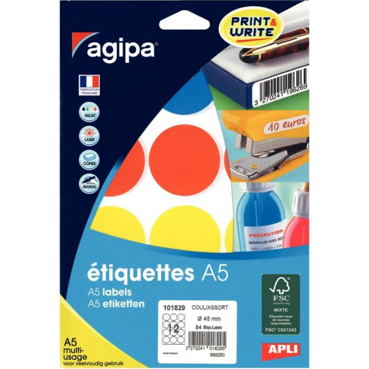Etui de 84 pastilles de couleur diamètre 45mm coloris assortis 101829 AGIPA