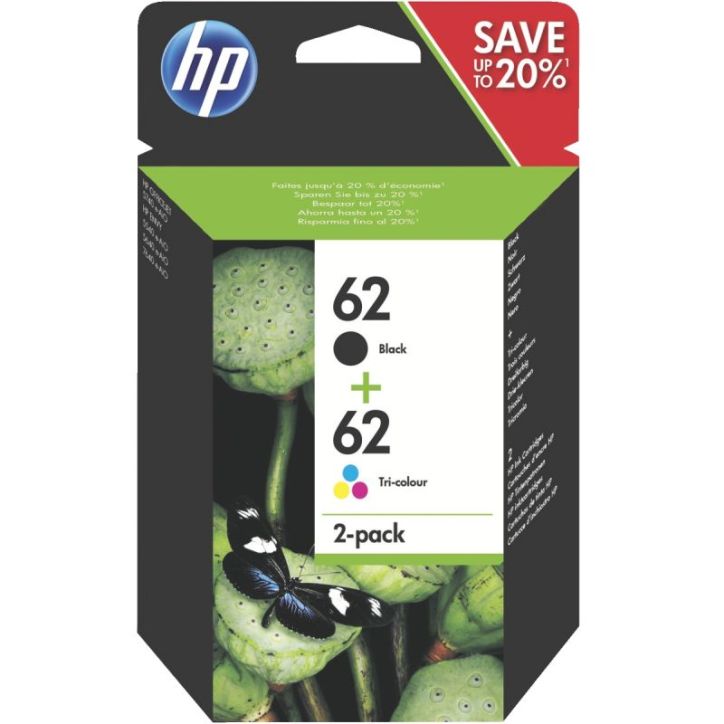 HP 62 Pack de 2 Cartouches d'Encre Noire et Trois Couleurs Authentiques (N9J71AE)