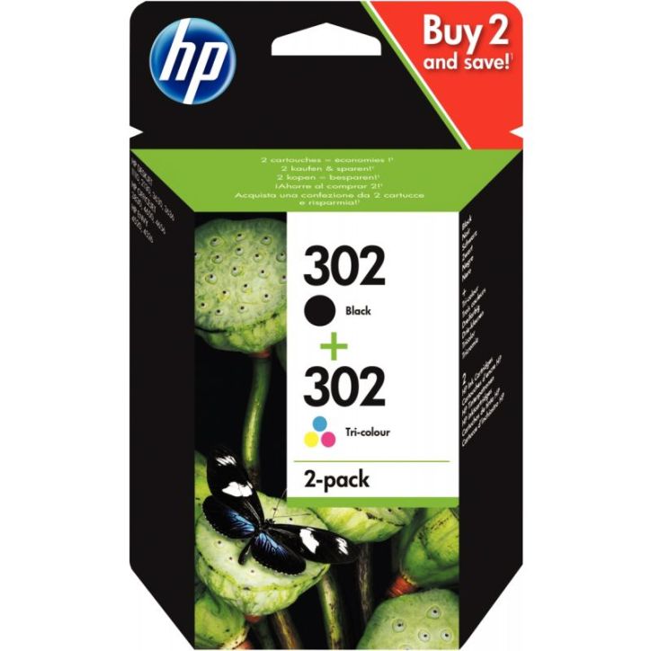 HP 302 Pack de 2 Cartouches d'Encre Noire et Trois Couleurs Authentiques (X4D37AE)
