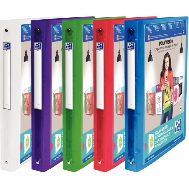 OXFORD Classeur personnalisable 1 face POLYVISION 4 anneaux. Polypropylène 8/10e.Dos 3cm.Coloris assortis