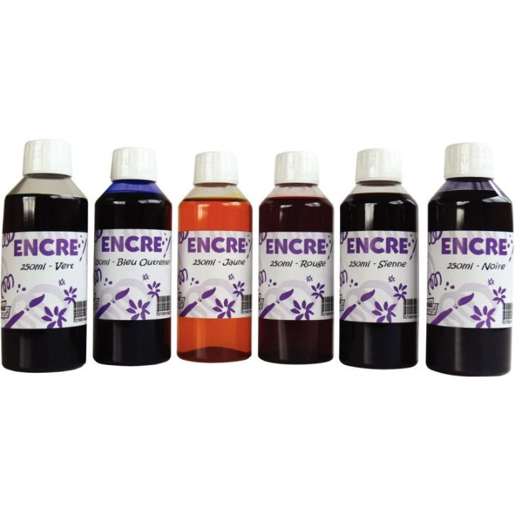Lot de 6 flacons 250ml d'encres à dessiner, coloris assortis IN00685