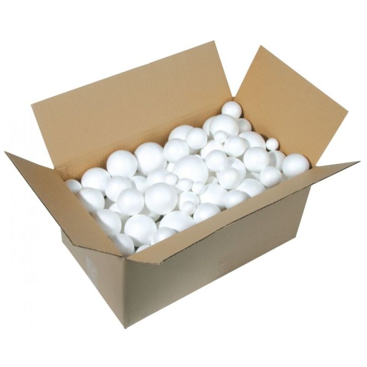Carton de 100 boules polystyrène blanches avec 5 diamètres assortis : 30mm, 50mm, 60mm, 70mm et 80mm 81790VO
