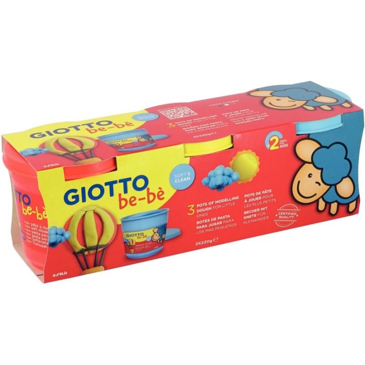 Set de 3 pots de 220G de pâte à jouer GIOTTO bébé couleurs assorties : jaune, bleu et rouge à base d'ingr(...)