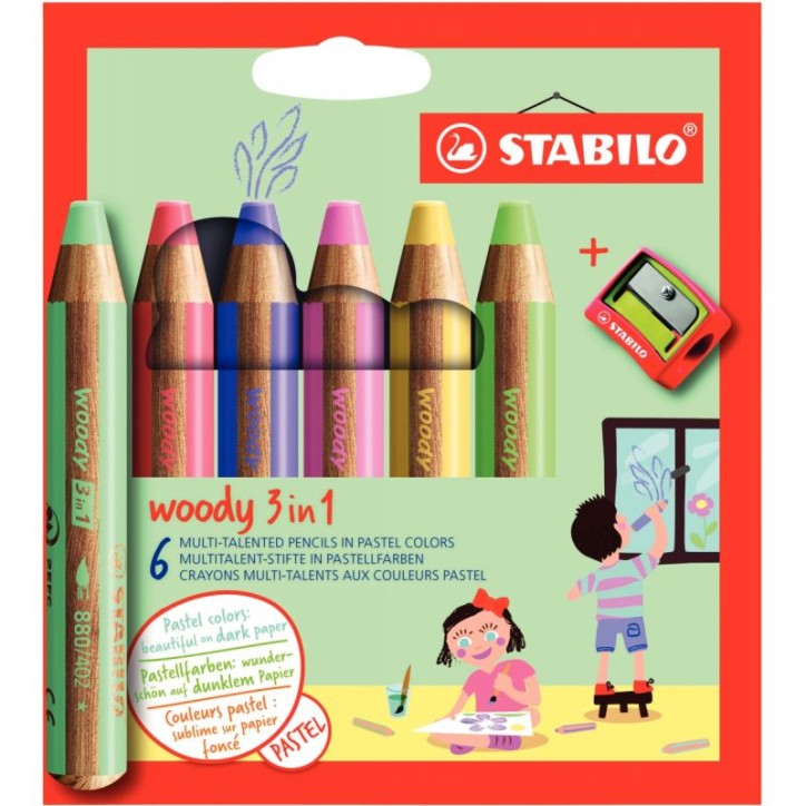 Etui de 6 crayons Woody pastel assortis + 1 taille -crayons 8806-3 STABILO