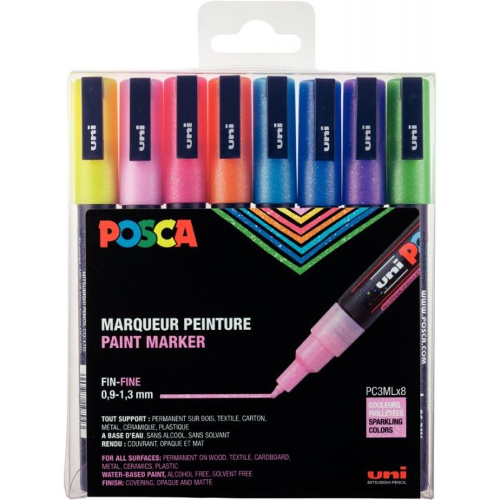 Pochette de 8 marqueurs Posca pointe fine ogive pailletés PC3ML/8AASS26 POSCA UNIBALL