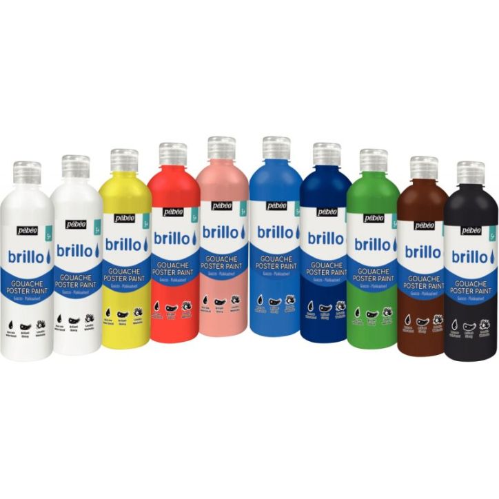 Assortiment de 10 flacons de 500 ml de gouache brillante BRILLO (9 + 1 flacon offert) 384599 BRILLO PEBEO