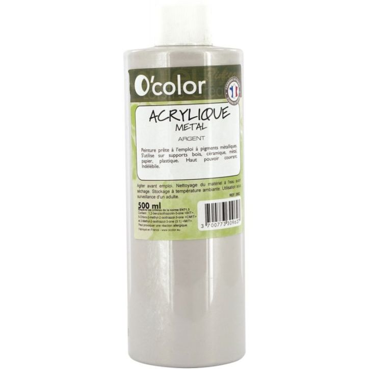 Flacon de 500 ml de peinture acrylique coloris métallique argent AME500PETARG_00/28524 O'COLOR