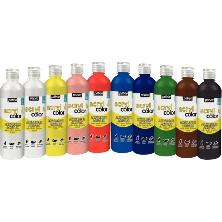 Carton 10 flacons 500 ml de peinture acrylique brillante ACRYLCOLOR couleurs standards 364690 ACRYLCOLOR PEBEO