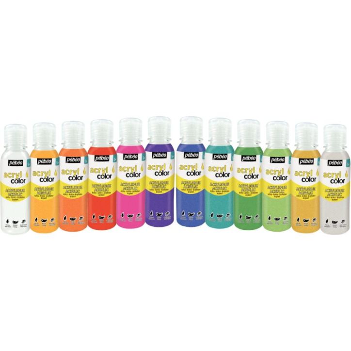 Carton de 12 flacons 150 ml de peinture ACRYLCOLOR couleurs pailletées assorties 364194 ACRYLCOLOR PEBEO