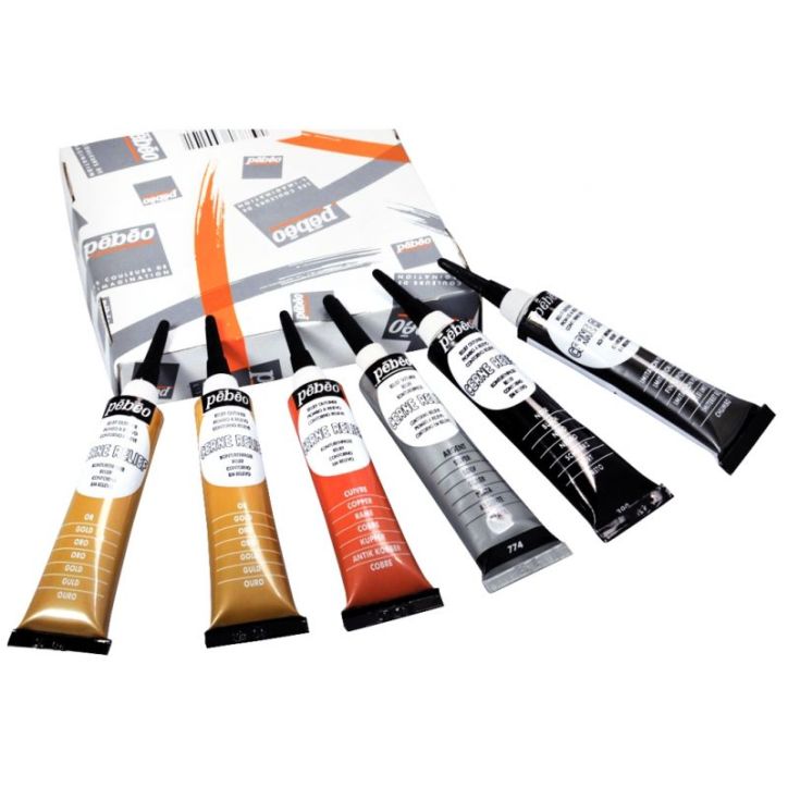 Boîte de 6 tubes à canule cerne relief 20 ml.  assortis : 2 or, noir, argent, cuivre, imitation plomb 054190(...)