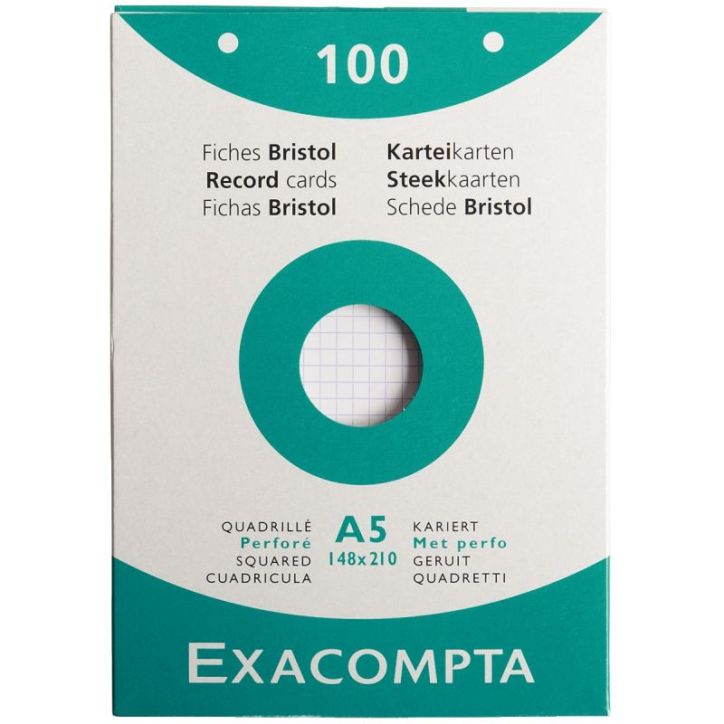EXACOMPTA Etui de 100 fiches bristol perforées 148x210mm (A5) 5x5 Blanc