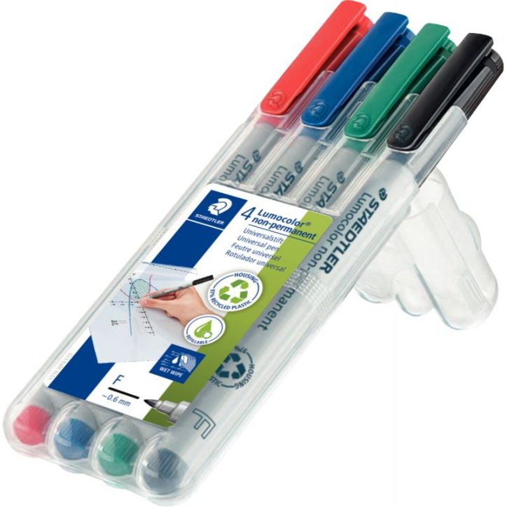STAEDTLER Pochette de 4 feutres pour rétroprojection pointe fine encre soluble coloris assortis LUMOCOLOR